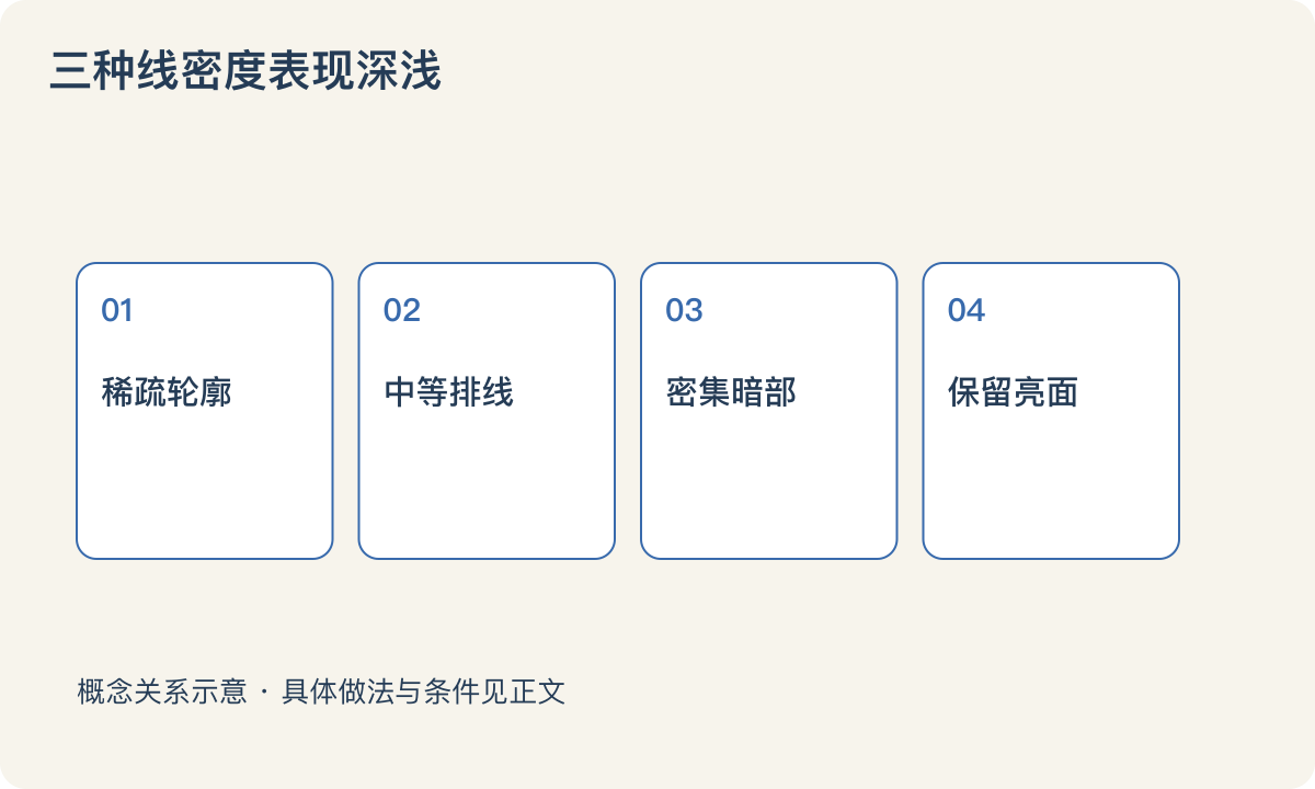 三种线密度表现深浅:稀疏轮廓;中等排线;密集暗部;保留亮面