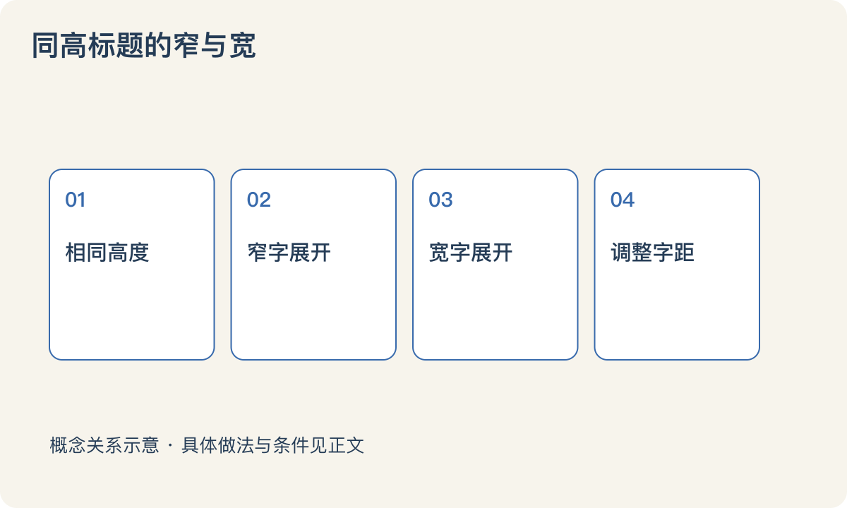 同高标题的窄与宽:相同高度;窄字展开;宽字展开;调整字距