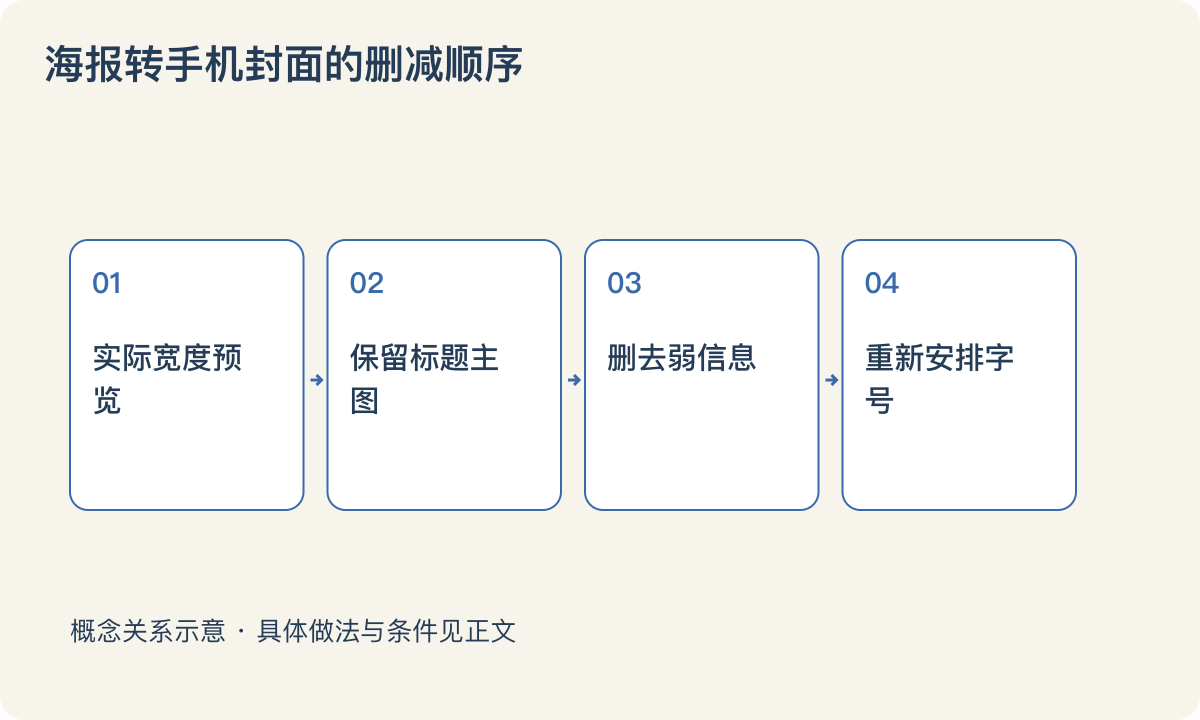 海报转手机封面的删减顺序：实际宽度预览；保留标题主图；删去弱信息；重新安排字号