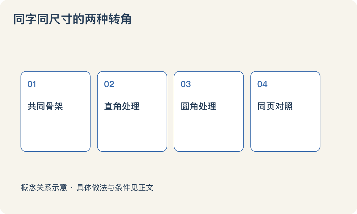 同字同尺寸的两种转角:共同骨架;直角处理;圆角处理;同页对照