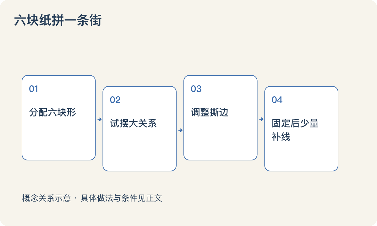六块纸拼一条街:分配六块形;试摆大关系;调整撕边;固定后少量补线