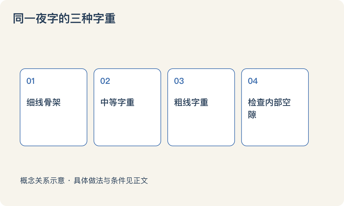 同一夜字的三种字重:细线骨架;中等字重;粗线字重;检查内部空隙